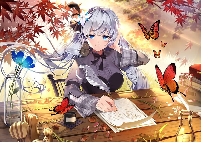Letter for You, wings, lovely, female, leave, sexy, cute, pen, kawaii, girl, lady, maiden, pretty, cg, white hair, adorable, wing, sweet, nice, butterfly, anime, beauty, anime girl, long hair, table, amour, nuts, dy, squirrel, dress, autumn, divine, bonito, adore, animal, leaves, squirle, hot, blue eyes, letter, bird, flower, petals, paper, desk, silver hair, HD wallpaper