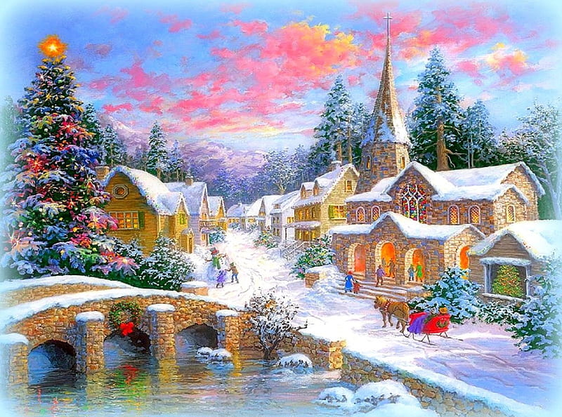 ★Heaven on the Earth★, sleigh, villages, christmas tree, holidays, christmas, houses, bridges, love four seasons, bonito, horse carriage, attractions in dreams, xmas and new year, winter, paintings, snow, churches, HD wallpaper