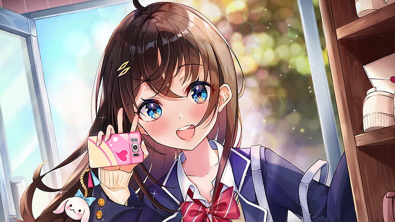 Ojos azules chica anime teléfono rosa uniforme escolar azul chica anime,  Fondo de pantalla HD | Peakpx