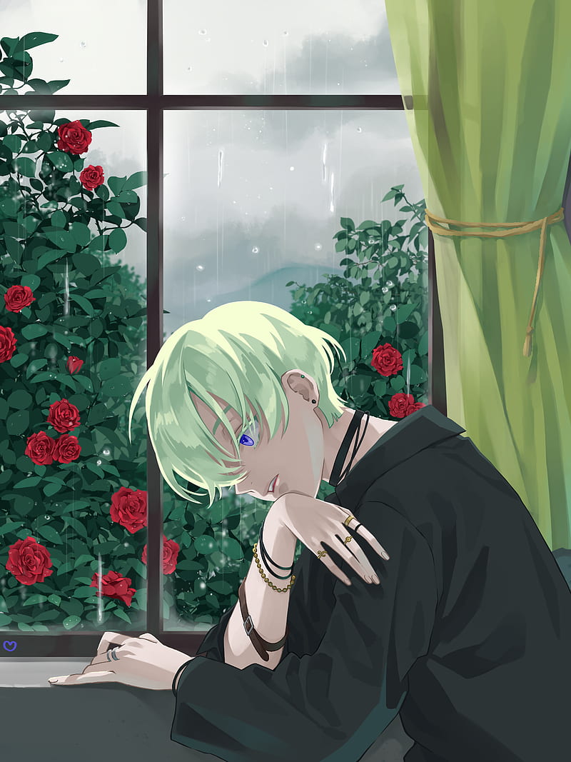boy, glance, window, roses, garden, anime, HD phone wallpaper