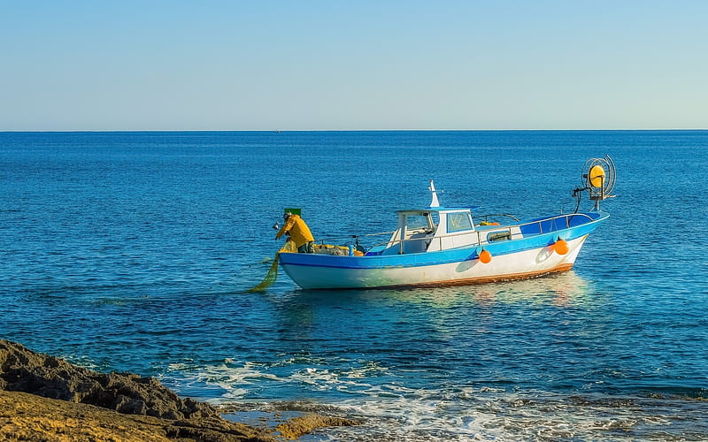 Fishing Boat in Cyprus, boat, Cyprus, yellow, fisher, sea, blue, HD wallpaper