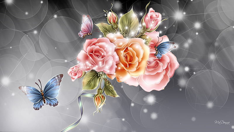 Joyful Summer, Bokeh, glow, gray, rose, butterflies, roses, silver, floral, sparkle, flowers, star, HD wallpaper