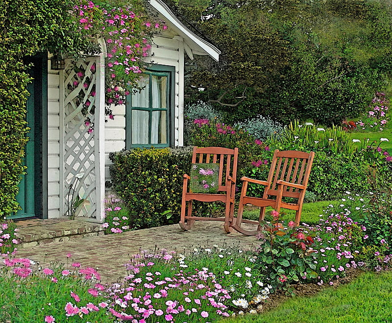 dreamlike place for two, swing chears, dreamlike, cottage, flowers, garden, roses, arbor, terrace, HD wallpaper