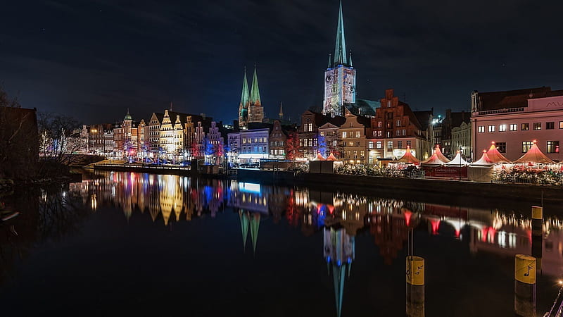 port, night, germany, architecture, city, lights, lubeck, cityscape, river, HD wallpaper