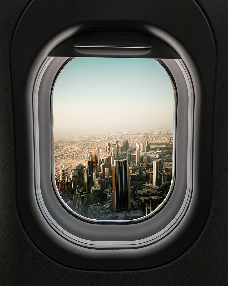 porthole, city, skyscrapers, aerial view, window, HD phone wallpaper