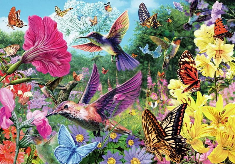 Hummingbird Garden, birds, flowers, blossoms, colors, butterflies, HD wallpaper