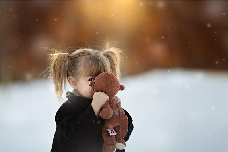 Little Lady, pretty, children, toy, adorable, winter, sweet, cute, splendor, girl, child, lady, teddy bear, HD wallpaper