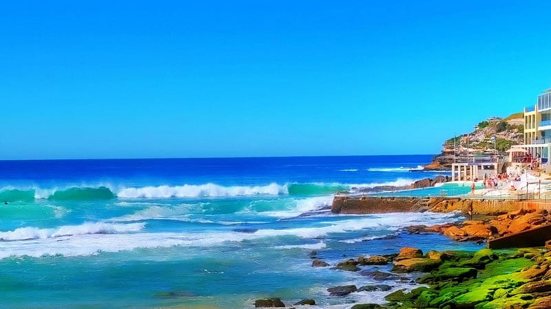 wild australian beach, beach, rocks, moss, waves, pool, sea, HD wallpaper
