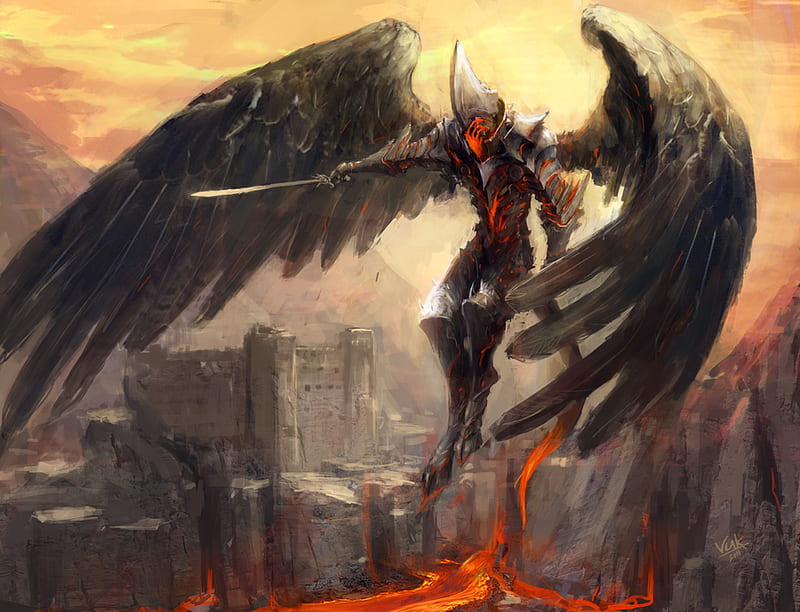 Angel of Apocalypse, wings, tail, lava, weapons, hooves, mountains, anime, lone, molten lava, flying, castle, sword, armour, HD wallpaper