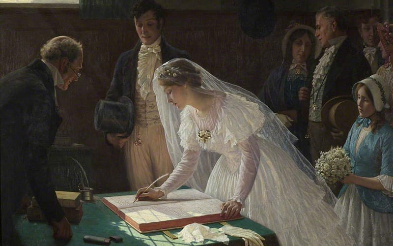 The Wedding Register, painting, bride, groom, wedding, HD wallpaper