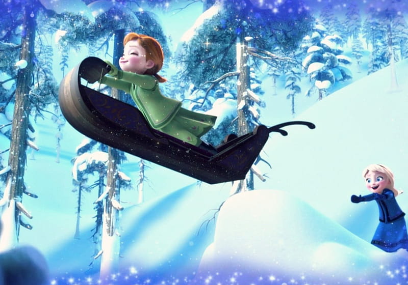 Fly Anna, fly!, sleigh, anna, movie, elsa, children, winter, cute, fantasy, girl, snow, child, white, princess, disney, blue, HD wallpaper
