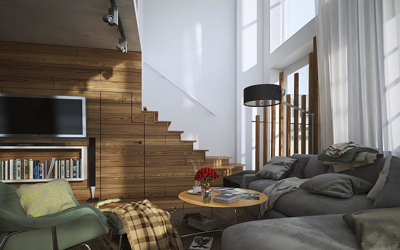 modern stylish interior design, two-storey apartments, living room, modern interior, HD wallpaper