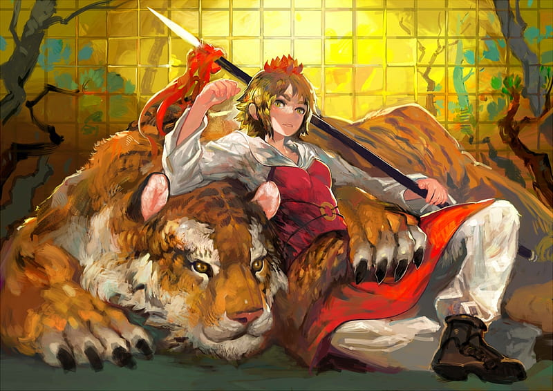 Toramaru Shou, red, art, onion, manga, yellow, tiger, cat, girl, anime, tigru, pisica, HD wallpaper