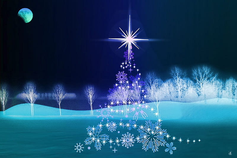 Impressions of Christmas, turquoise, stars, christmas tree, moon, white ...