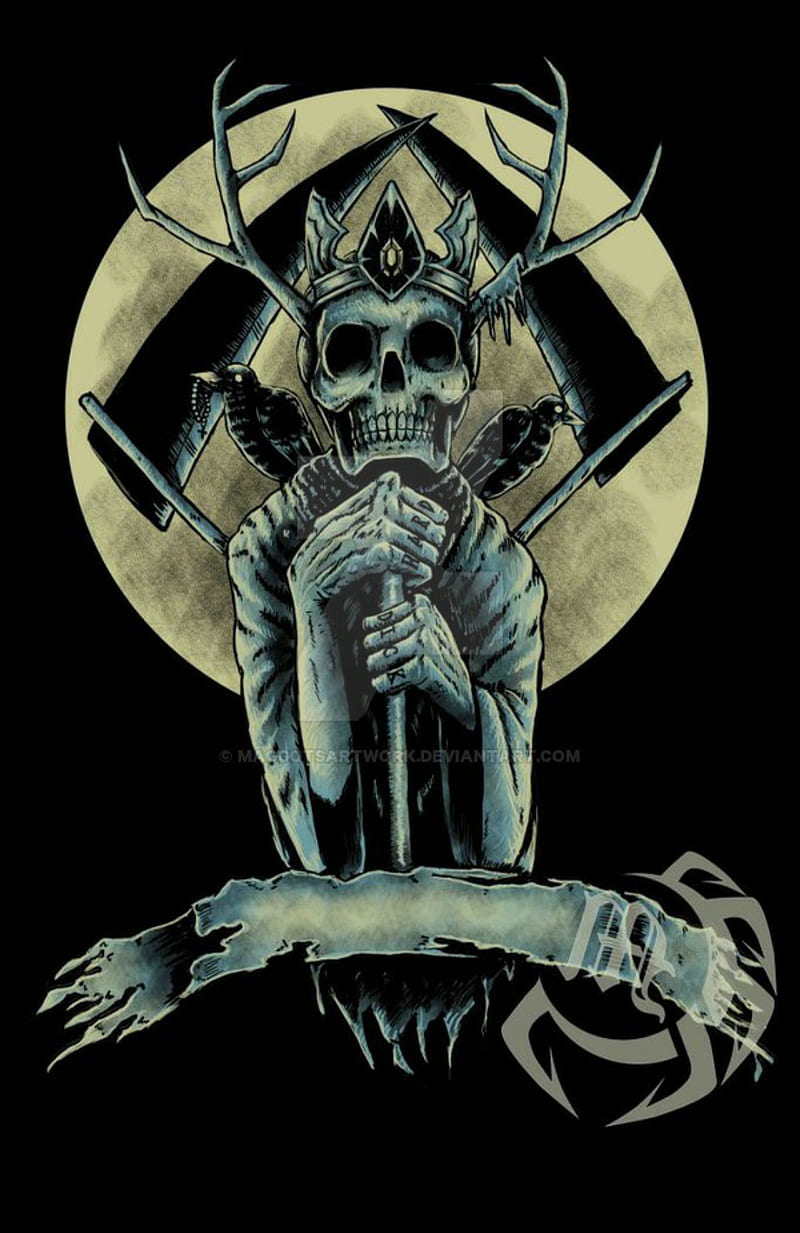 Skull, antlers, creepy, dark, horns, scary, skeleton, sword, HD phone wallpaper