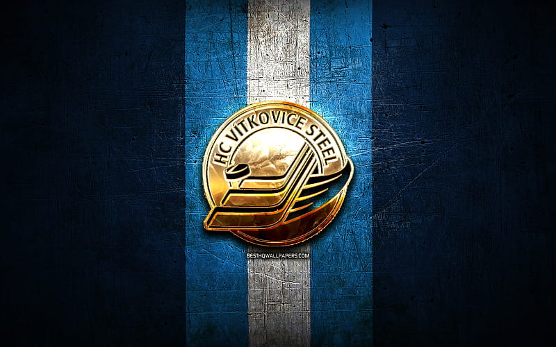 HC Vitkovice Steel, golden logo, Extraliga, blue metal background, czech hockey team, czech hockey league, Vitkovice Steel logo, hockey, Vitkovice Steel, HD wallpaper