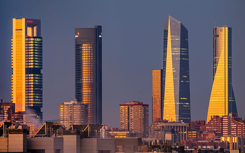 Madrid, skyscrapers, evening, sunset, Torre PwC, Torre Espacio, Torre Cepsa, Torre Picasso, modern buildings, Madrid cityscape, Madrid skyline, Spain, HD wallpaper