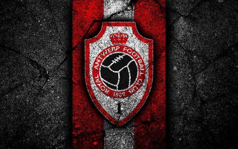 Royal Antwerp FC, emblem, Jupiler Pro League, black stone, Royal Antwerp, Belgium, soccer, Belgian First Division A, football, asphalt texture, FC Royal Antwerp, HD wallpaper