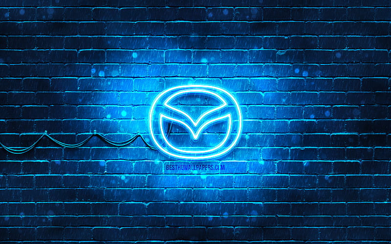 Mazda blue logo blue brickwall, Mazda logo, cars brands, Mazda neon logo, Mazda, HD wallpaper