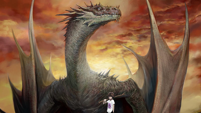 Fantasy Dragon Is Standing Near A Boy In A Background Of Reddish Yellow Sky Dreamy, HD wallpaper