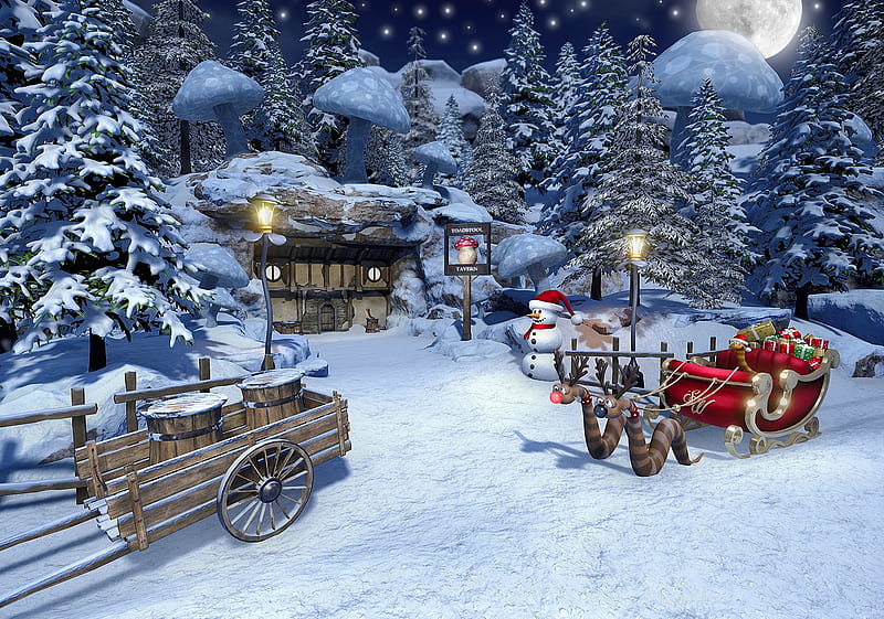 Christmas in Mushroom Land, mushroom, funny, eve, night, forest, sleigh ...
