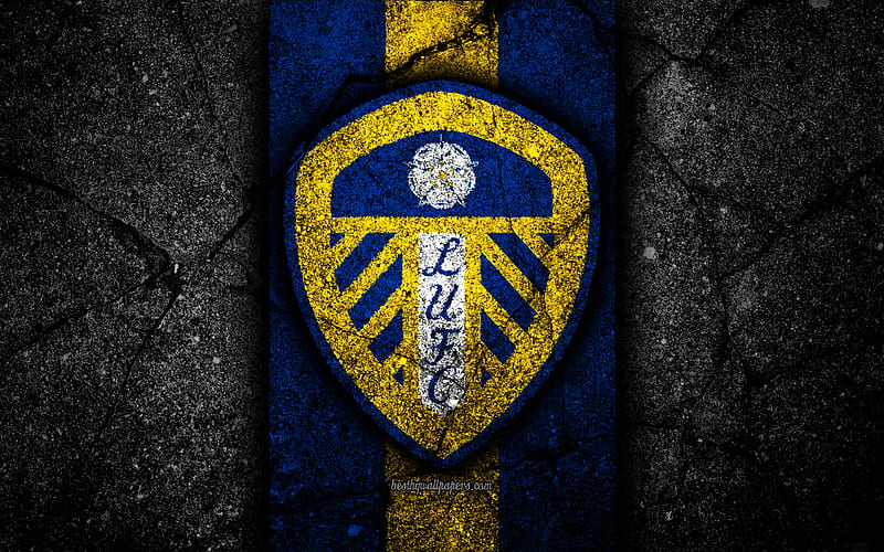 Leeds United FC, logo, EFL Championship, black stone, football club, England, Leeds United, soccer, emblem, asphalt texture, FC Leeds United, HD wallpaper