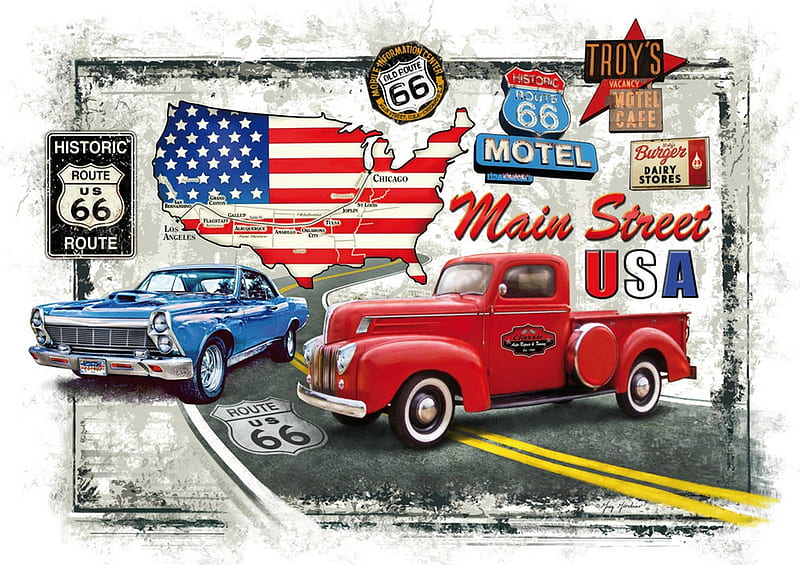 Route 66, carros, memories, road, flag, HD wallpaper