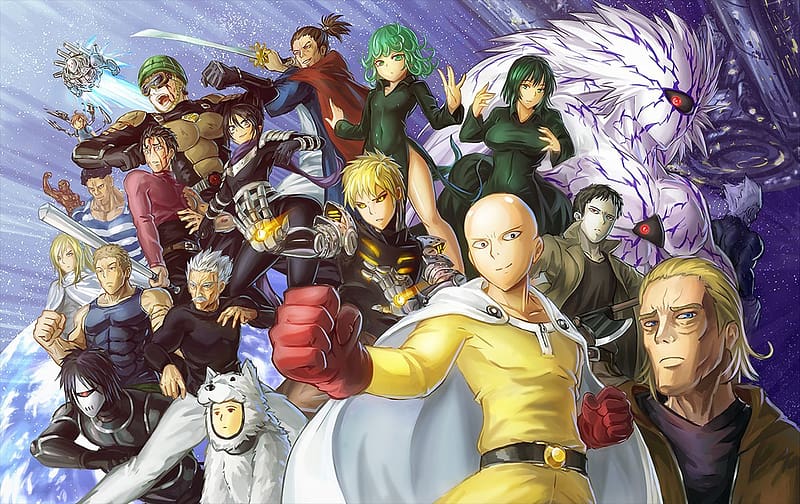 Anime, Weapon, Smile, Mask, Space, Blonde, Cyborg, Glasses, Hat, Green Hair, Cape, Glove, Dress, Coat, Armor, Yellow Eyes, Sword, Green Eyes, Blue Eyes, Belt, Bald, Katana, Red Eyes, Black Hair, Long Hair, Brown Hair, White Hair, Baseball Bat, Bodysuit, Green Dress, Saitama (One Punch Man), One Punch Man, Genos (One Punch Man), Sonic (One Punch Man), Tatsumaki (One Punch Man), Zombieman (One Punch Man), Fubuki (One Punch Man), Atomic Samurai (One Punch Man), Bang (One Punch Man), Child Emperor (One Punch Man), Metal Bat (One Punch Man), Mumen Rider, Pri Pri Prisoner (One Punch Man), Superalloy Darkshine (One Punch Man), Tanktop Master (One Punch Man), Lord Boros (One Punch Man), King (One Punch Man), Bofoy (One Punch Man), Lightspeed Flash (One Punch Man), Watcog Man (One Punch Man), Drive Knight (One Punch Man), HD wallpaper