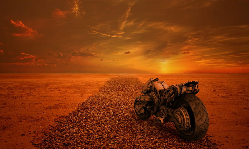 Apocalypse Scifi Bike , apocalypse, artist, artwork, digital-art, sunset, scifi, HD wallpaper