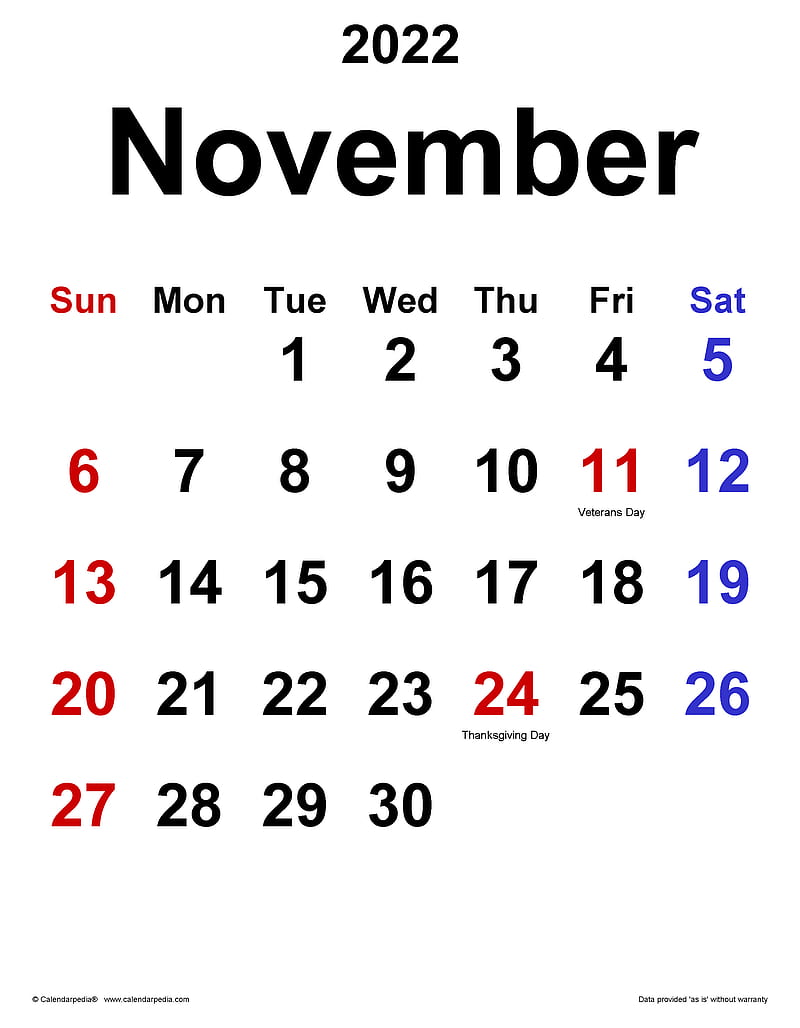 November 2022 Calendar. Templates for Word, Excel, HD phone wallpaper