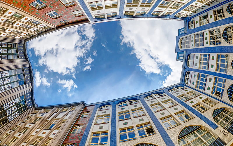 Berlin, blue sky, bottom view, white clouds, old houses, Germany, HD wallpaper