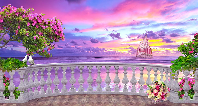 Pink sunset, sky, pink, castle, sea, balcony, colors, fairytale, bonito,  sunset, HD wallpaper | Peakpx