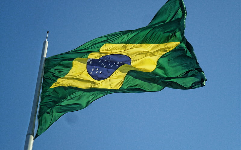 Brazil flag, blue sky, fabric flag, Brazil flag on a flagpole, Brazilian flag, South America, Flag of Brazil, HD wallpaper
