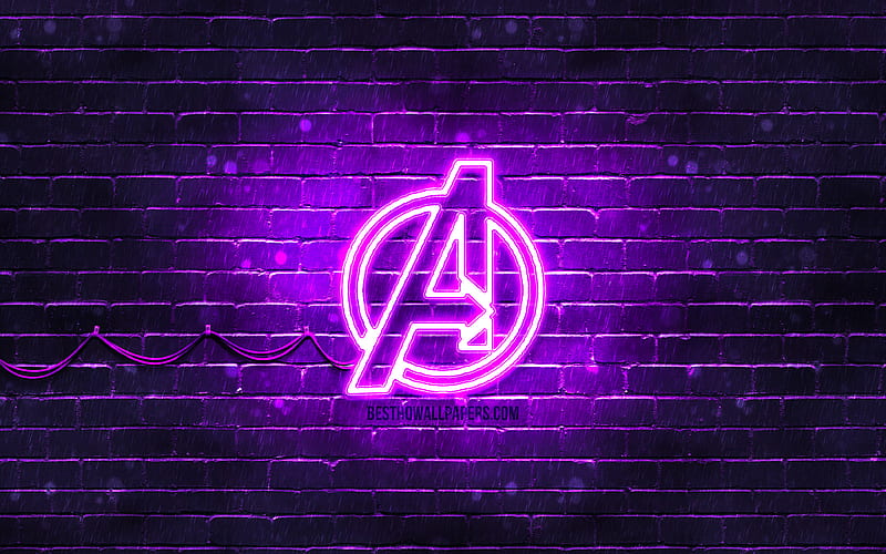 Avengers violet logo violet brickwall, Avengers logo, superheroes, Avengers neon logo, Avengers, HD wallpaper