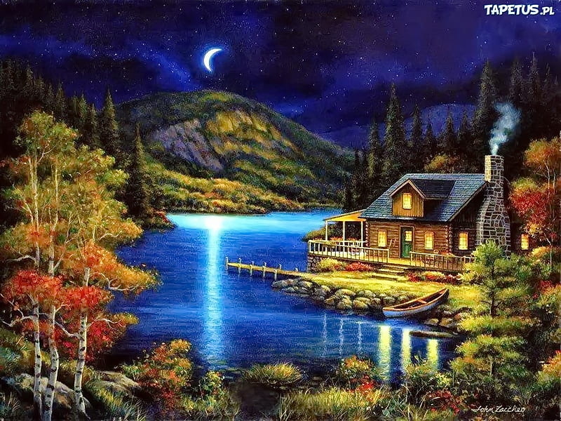 Cabin on Moonlite Lake, lake, light, moon, woods, cabin, puzzle, HD wallpaper