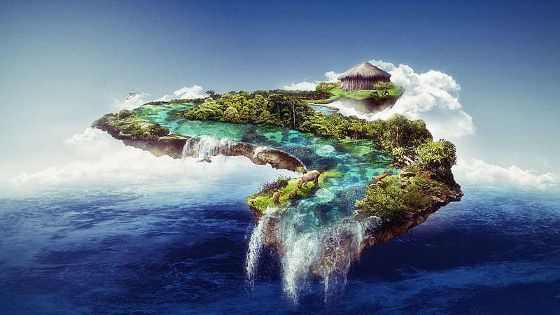 Floating island, fantasy, water, vara, summer, floating, island, creative, HD wallpaper