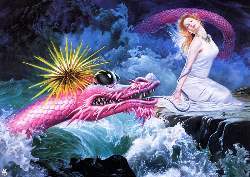 Rowena Morrill 'Dragon's Serenade', art, fantasy, rowena morrill, magenta, serenade, serpent, dragon, lady, HD wallpaper