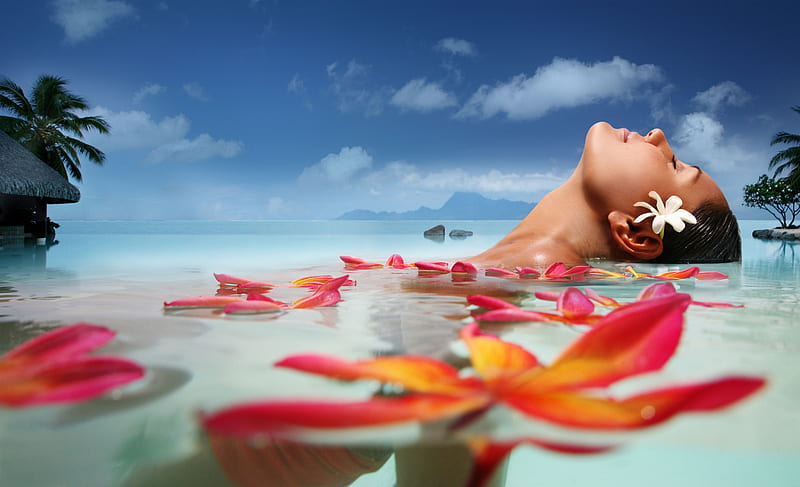 Tahitian Girl relaxes in blue lagoon in Tahiti with plumeria frangipani flowers, Tahitian, float, hibiscus, plumeria, bath, sea, beach, lagoon, sand, flowers, swimming, luxury, blue, exotic, ocean, frangipani, girl, paradise, bathe, swim, spa, tahiti, tropical, HD wallpaper