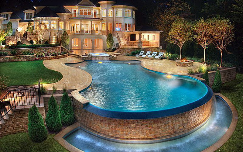 beautiful mansion, mansion, water, pool, view, HD wallpaper