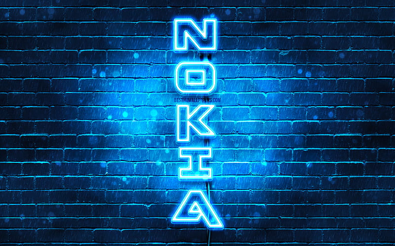 Nokia blue logo, vertical text, blue brickwall, Nokia neon logo, creative, Nokia logo, artwork, Nokia, HD wallpaper