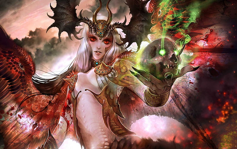 Queen of all evil!, red eye, white hair, queen, evil, bonito, magic, woman, horns, lights, fantasy, beauty, long hair, female, wings, guerra, smile, sexy, demon, cool, girl, dark, awesome, monster, skull, HD wallpaper
