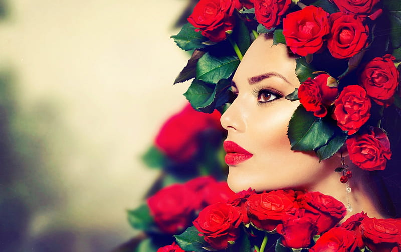 *** Beuaty in red roses ***, red, female, model, people, roses, HD wallpaper
