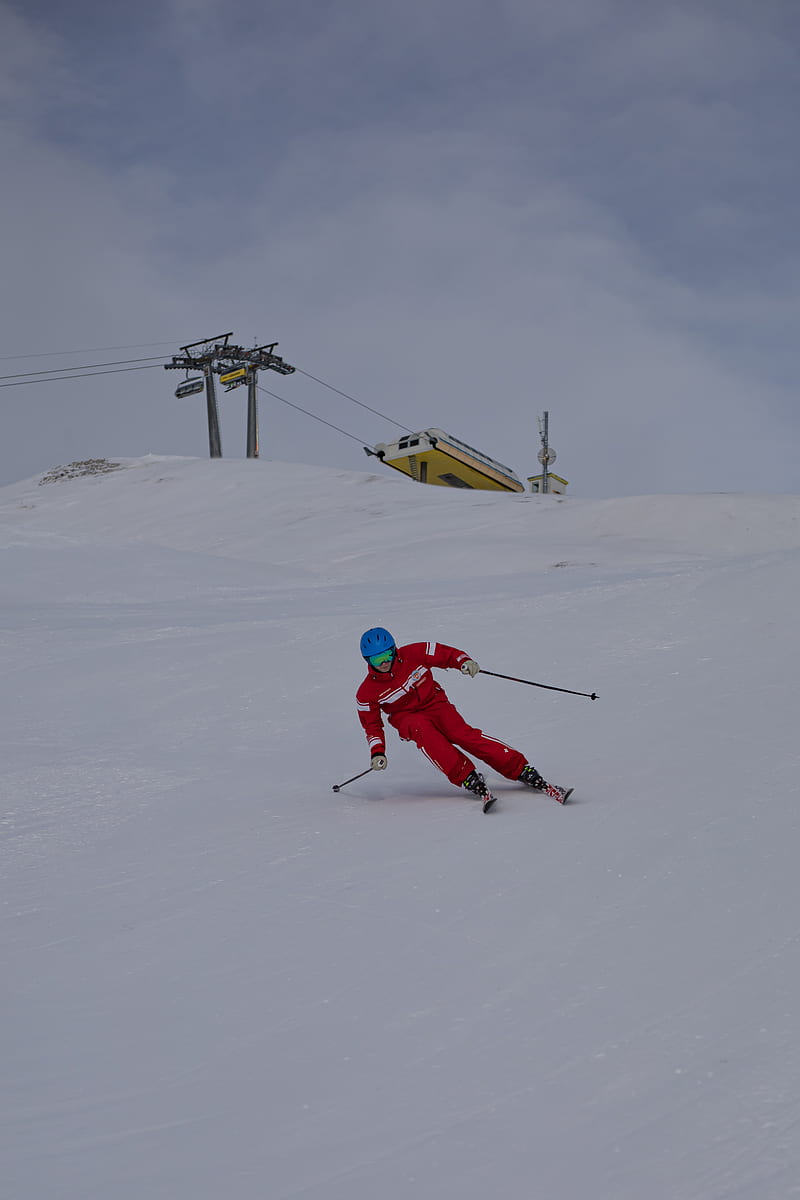 person in red jacket and red pants riding snow ski, HD phone wallpaper