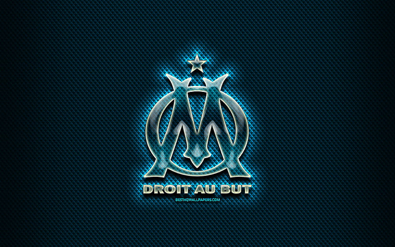 Olympique Marseille FC, glass logo, blue rhombic background, Ligue 1, soccer, french football club, Olympique Marseille logo, creative, OM, football, Olympique Marseille, France, HD wallpaper