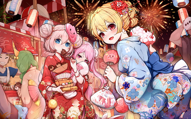 anime festival, yukata, girls, happy faces, pink hair, Anime, HD wallpaper