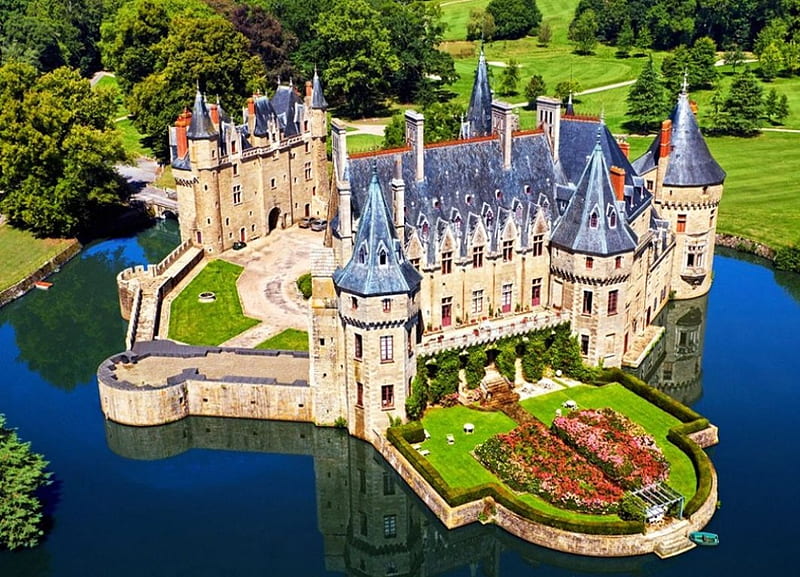 Chateau de la Fretesche, Loire Valley, France, building, water, boat, towers, bridge, HD wallpaper