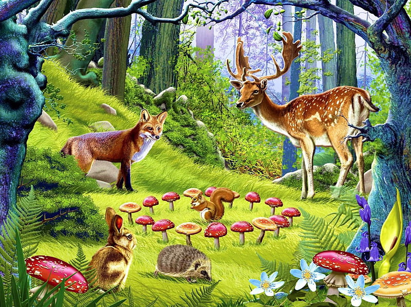 Woodlander, forest, rabbit, squirrel, artwork, deer, hedgehog, fox, flowers, mushrooms, HD wallpaper