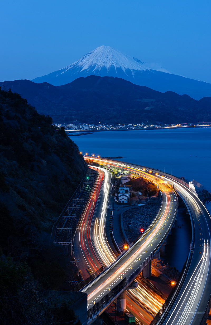 Time-lapse, highway, Mount Fuji, japan, light trails, long exposure, HD phone wallpaper
