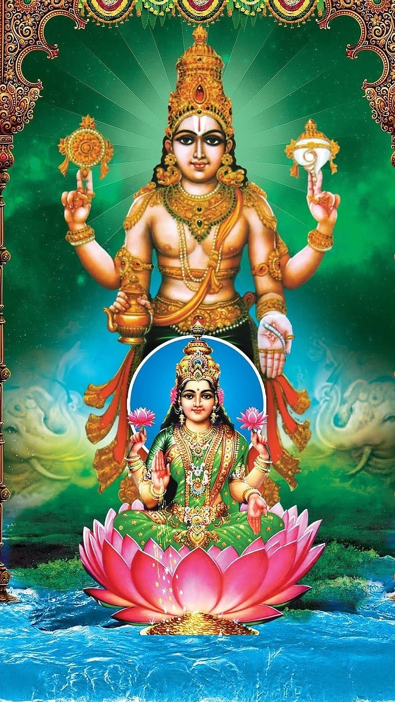 Lakshmi Narayan, Vishnu Standing Over Lakshmi Green Aesthetic, lord, god, bhakti, devtional, HD phone wallpaper