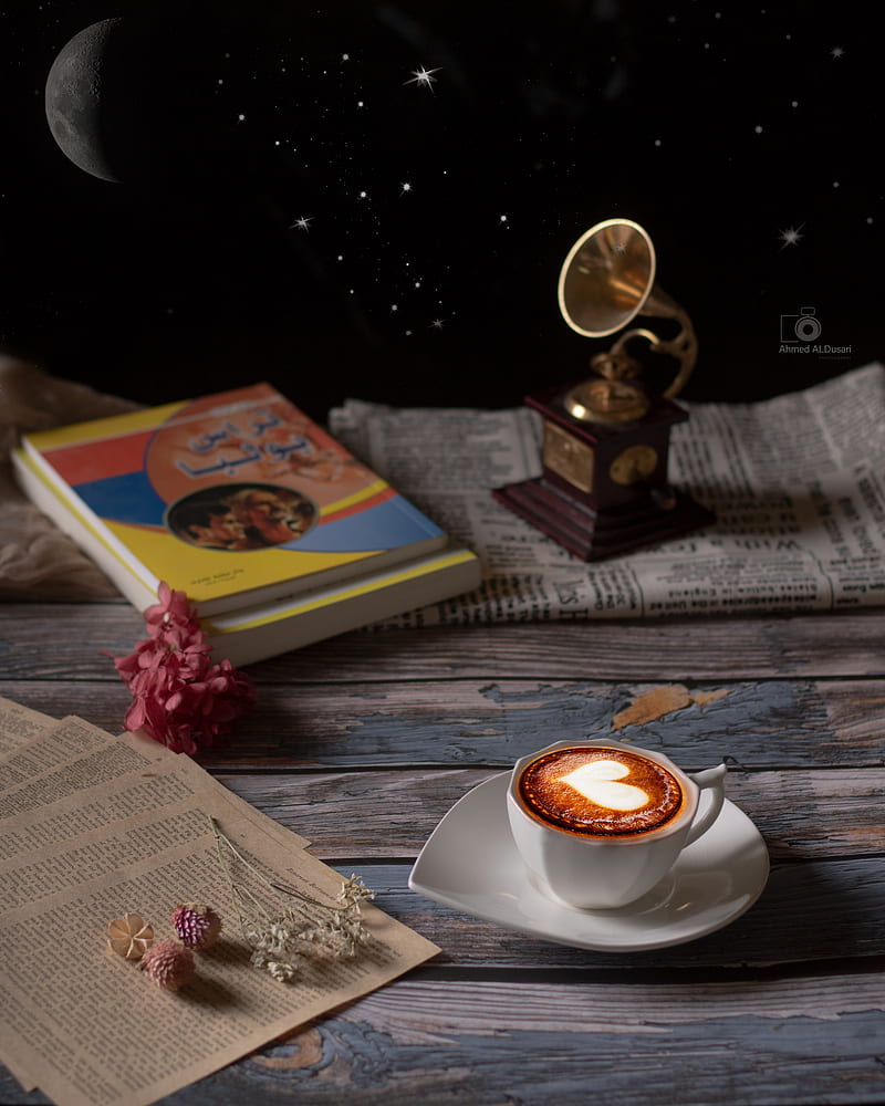 cup, cappuccino, coffee, figurine, book, HD phone wallpaper